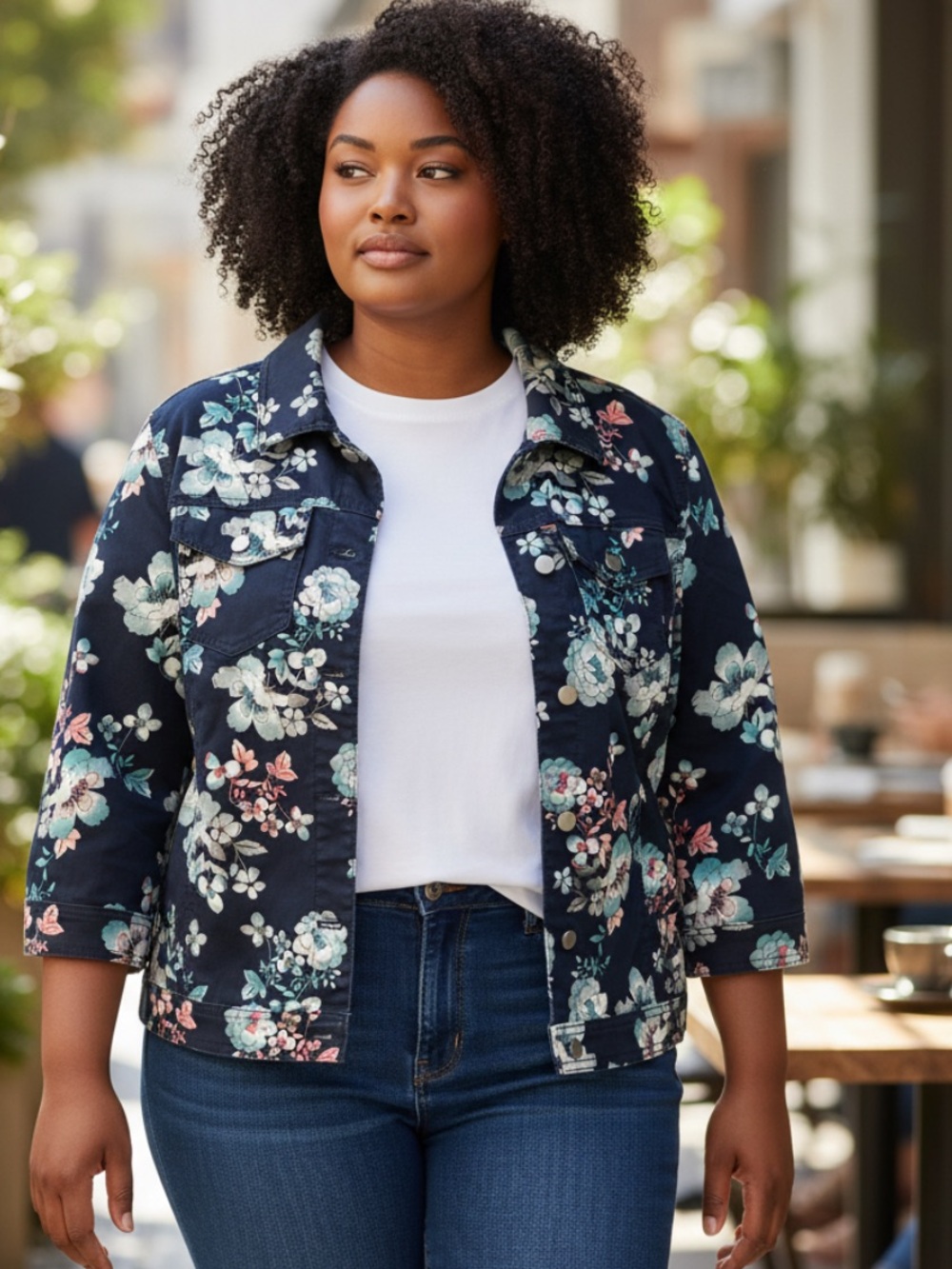 Chico's Navy Floral Jean Jacket with Pink & Mint Accents